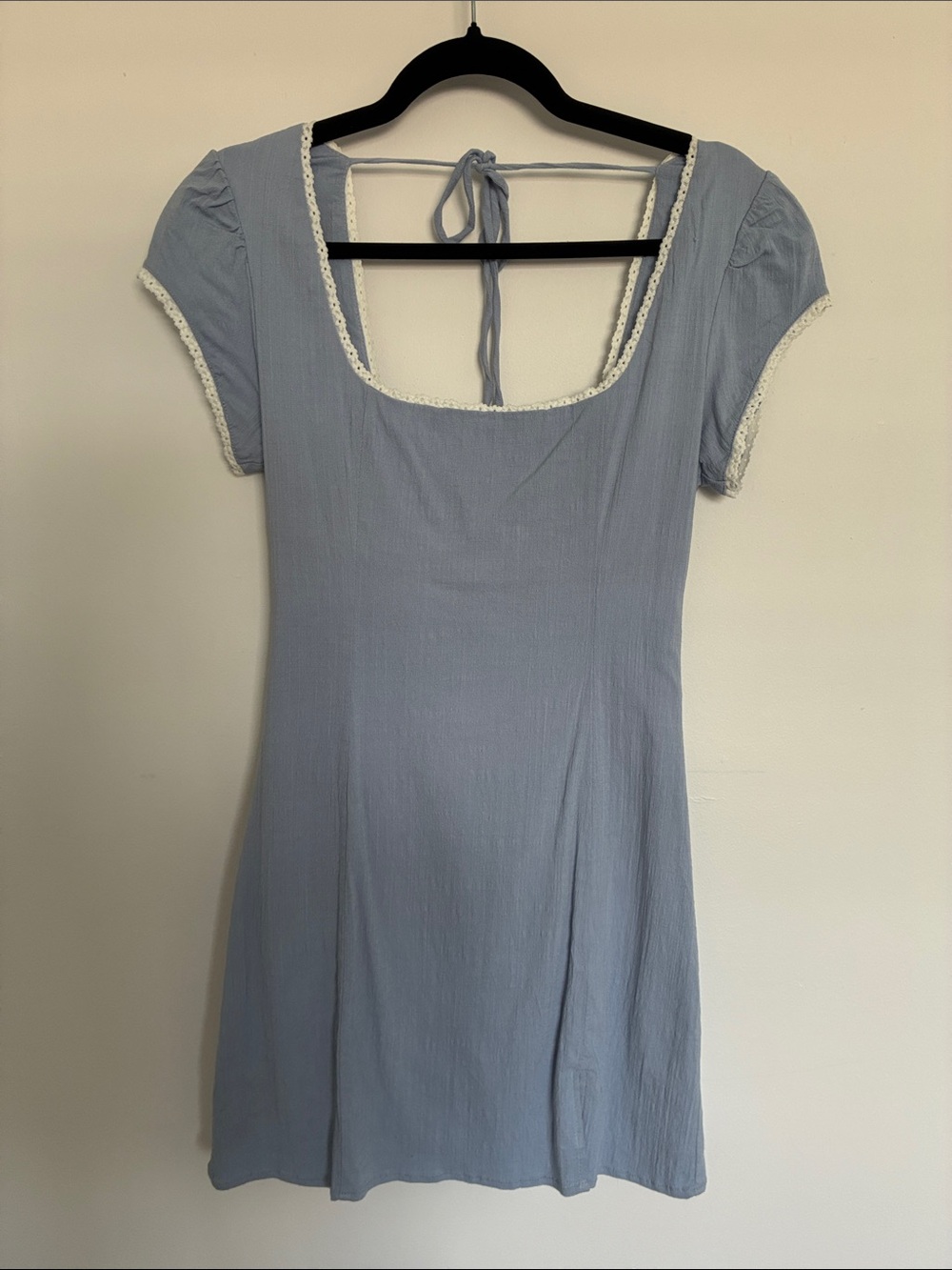 Square-Neck Baby Blue Mini Dress with Lace Trim
